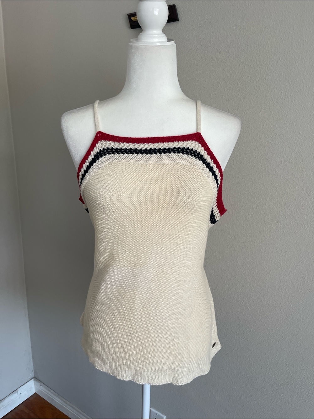 O'Neill Cream Knit Halter Tank with Red and Black Stripe Detail